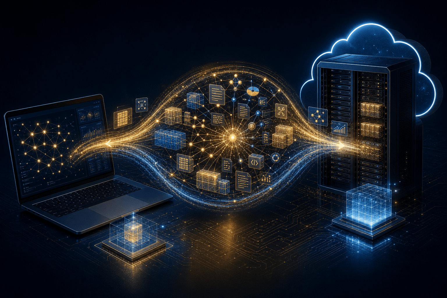 A complete AI agent state bundle moving back and forth between a local laptop runtime and a cloud GPU runtime