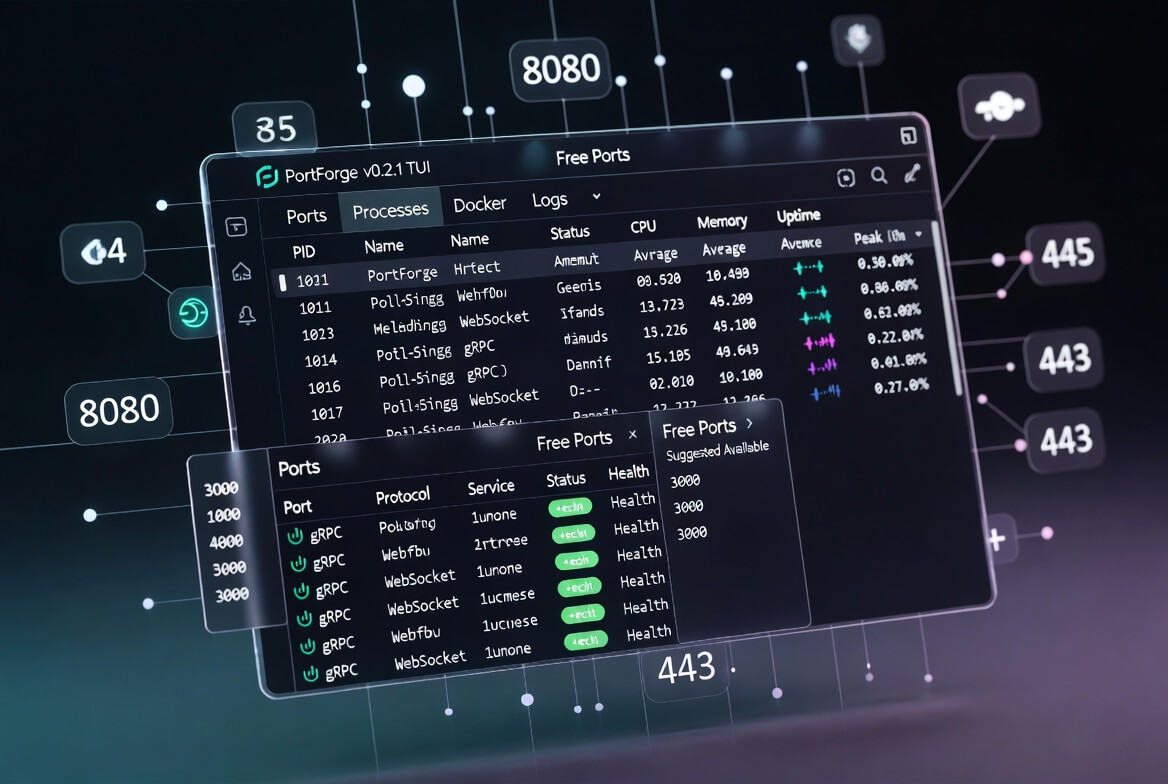 PortForge terminal UI showing tabs for ports, processes, Docker, and logs with live development diagnostics