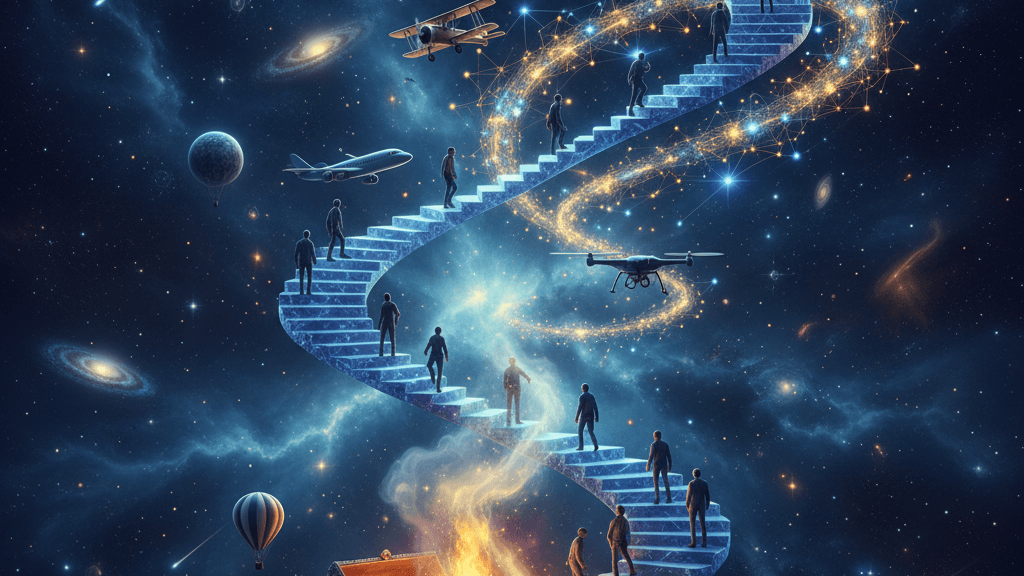 Infinite spiral staircase ascending into a starry cosmos, progress of technology