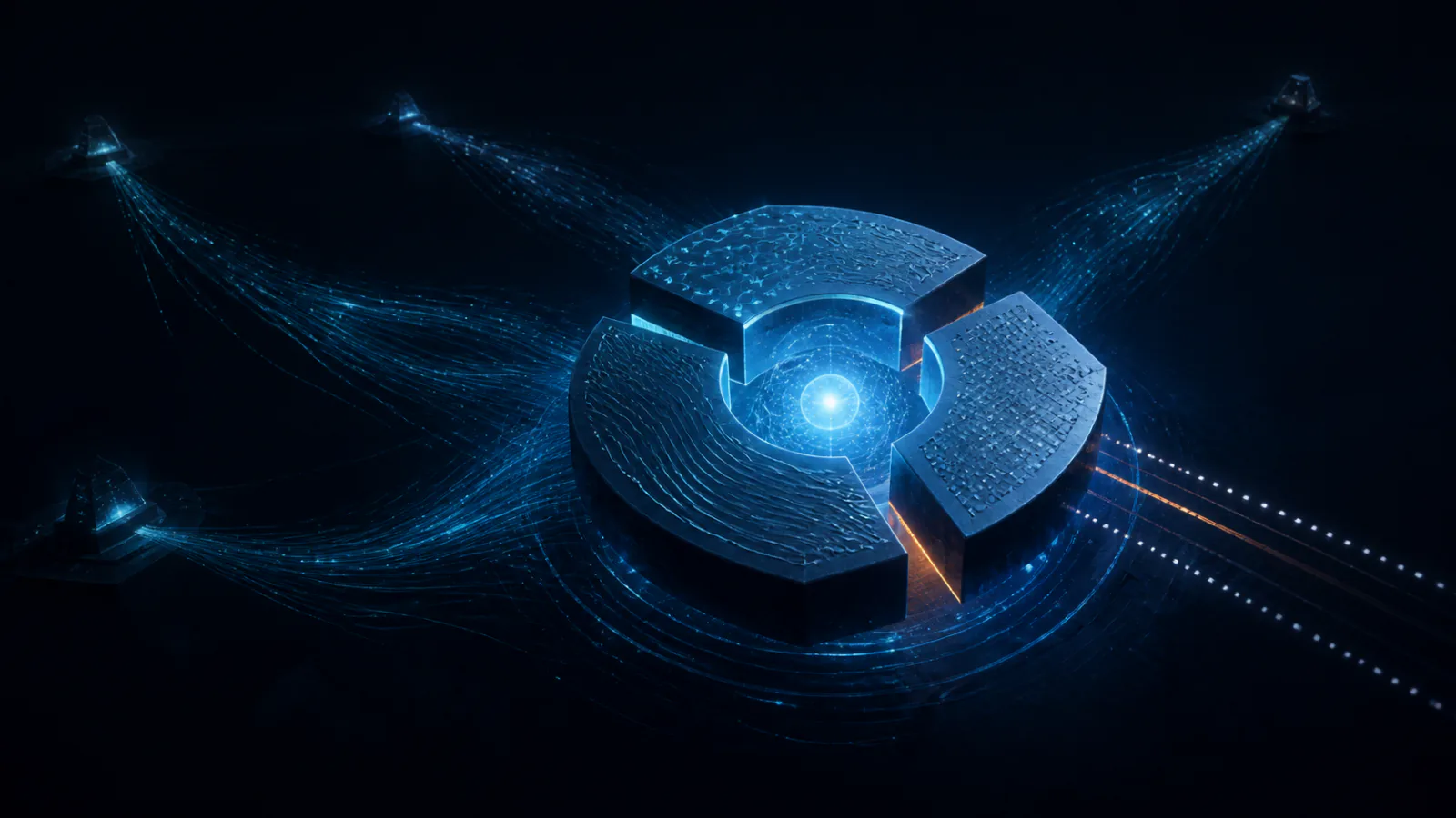 Independent streams of surviving evidence converging on three fragments that reconstruct a service core, with an orange refusal boundary left open