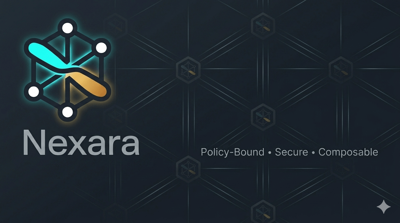 Nexara logo on a subtle dark technical background featuring faint, glowing orthogonal and diagonal connection paths