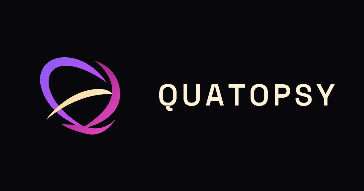 The purple and magenta Quatopsy woven-lift mark beside the cream Quatopsy wordmark on a near-black background