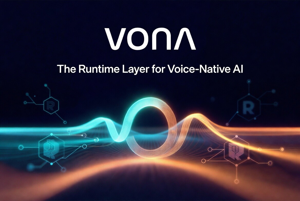Vona wordmark above the tagline The Runtime Layer for Voice-Native AI, with cyan and orange audio streams crossing circuit patterns